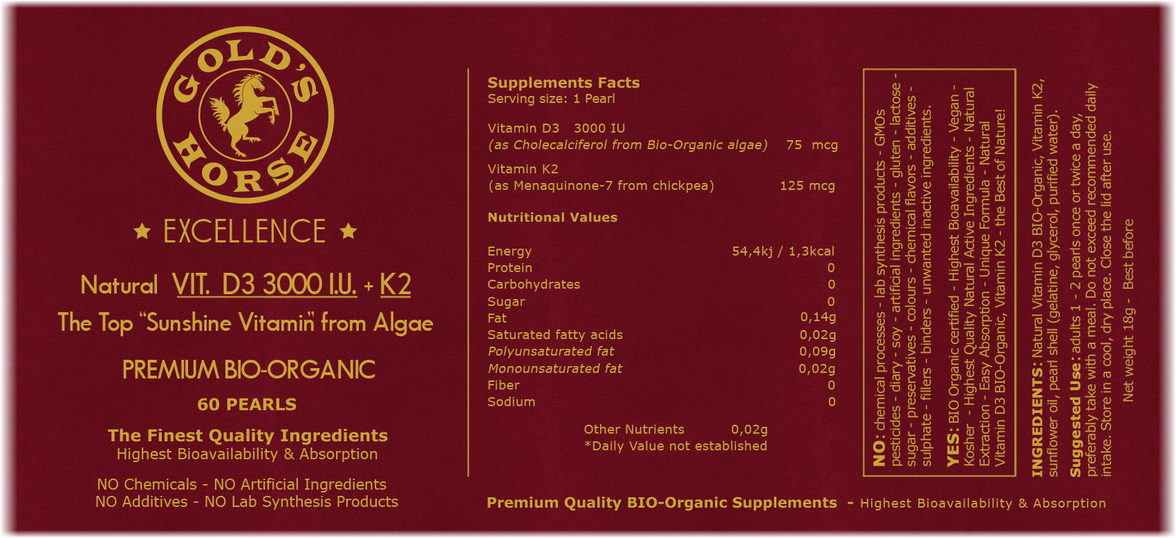 Golds Horse Excellence - Premium Bio Organic Vitamin D3 3000 + K2  - Luxury plant based Vitamin D3 3000 + K2 - Luxury vegan Vitamin D3 3000 + K2 - Premium plant based Vitamin D3 3000 + K2 - High quality plant based Vitamin D3 3000 + K2 - Top quality plant based Vitamin D3 3000 + K2